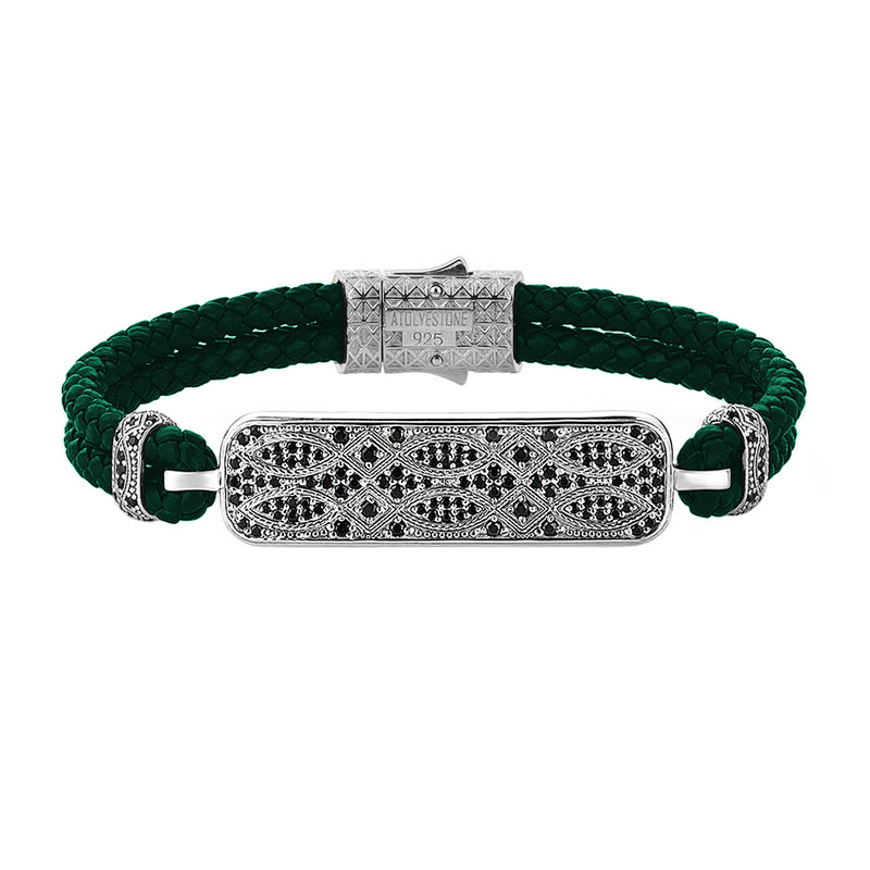 Streamline Dark Green Leather Bracelet in Silver