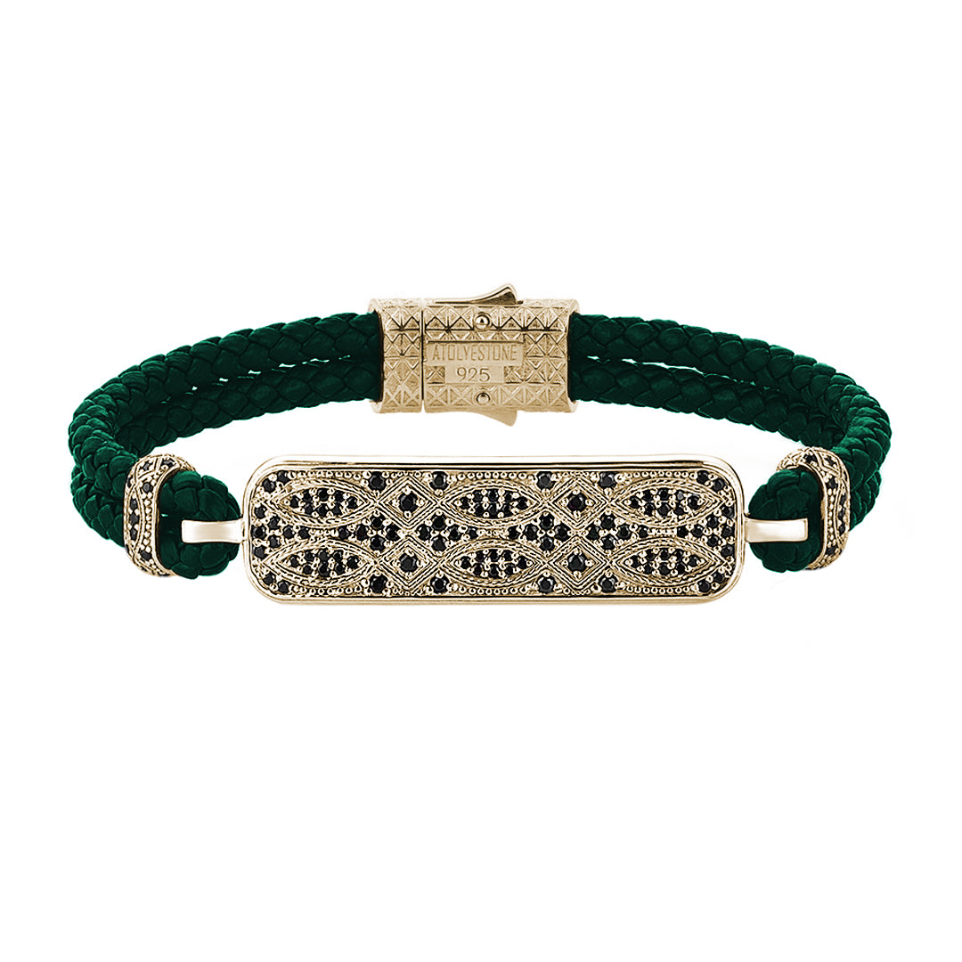 Streamline Dark Green Leather Bracelet in Yellow Gold