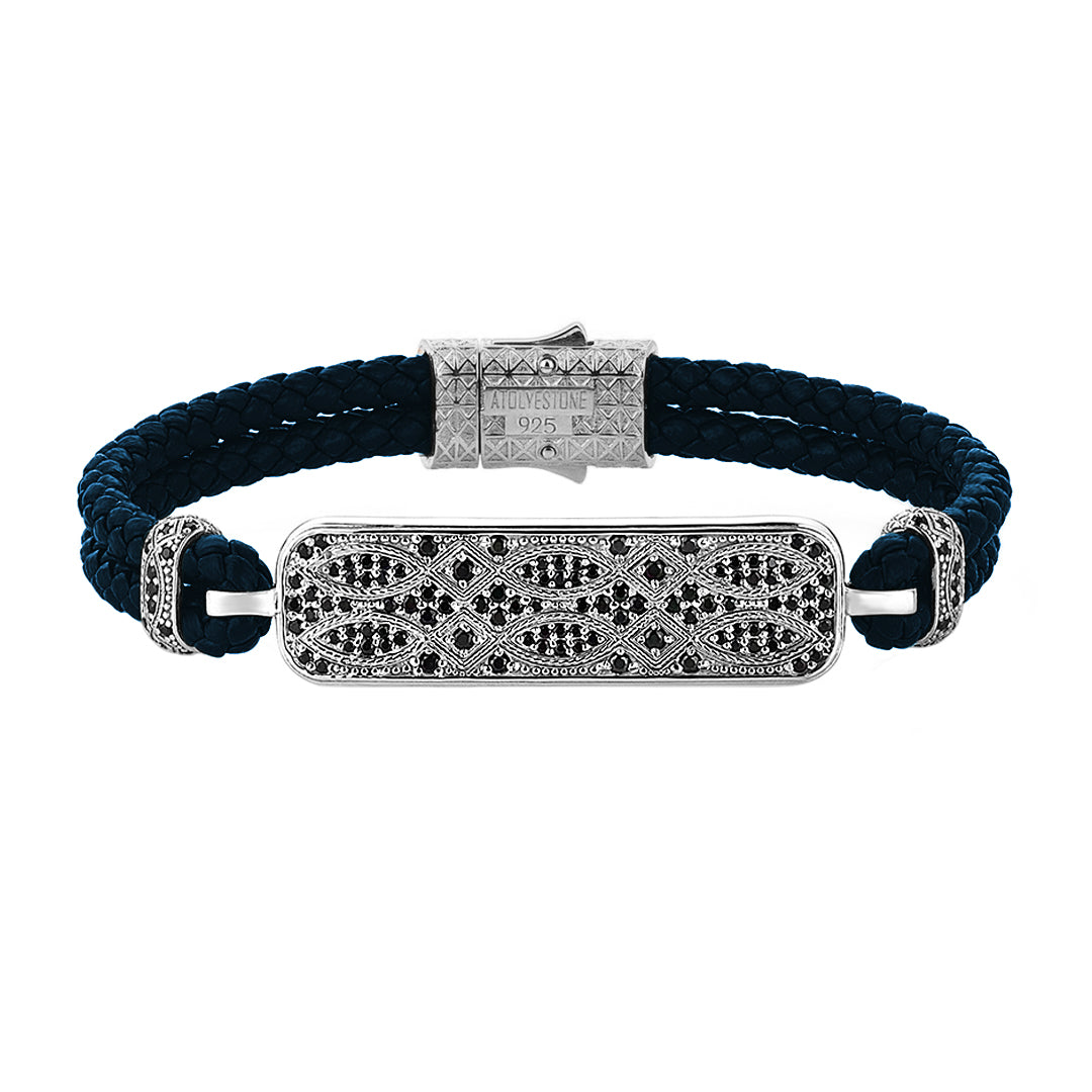 Streamline Navy Leather Bracelet in Silver