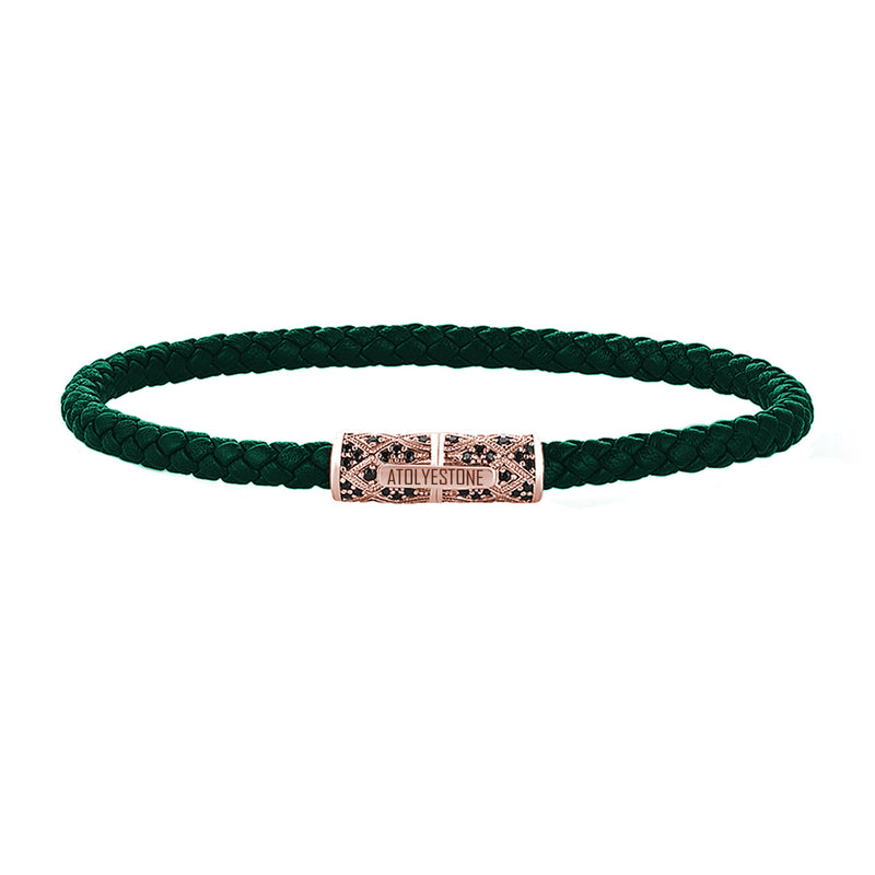 Streamline Minimalist Dark Green Leather Bracelet - Rose Gold