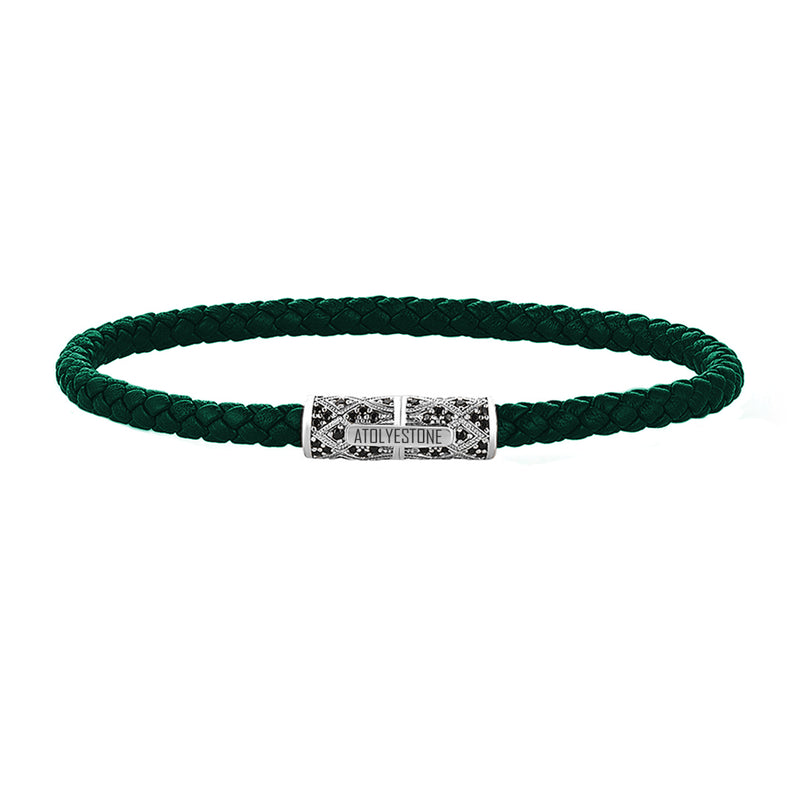 Streamline Minimalist Dark Green Leather Bracelet - Silver