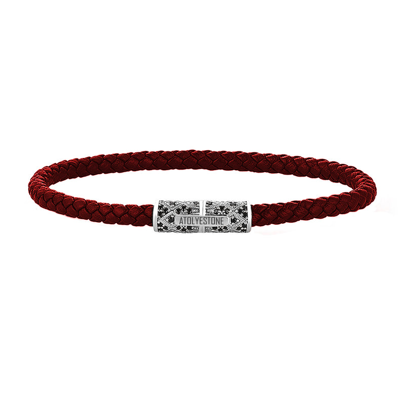 Streamline Minimalist Dark Red Leather Bracelet - Silver