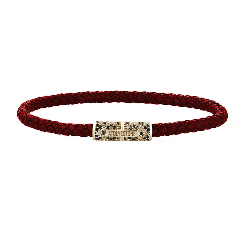 Streamline Minimalist Dark Red Leather Bracelet - Yellow Gold