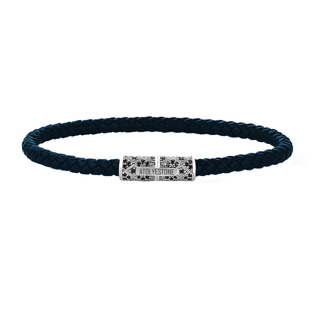 Streamline Minimalist Navy Leather Bracelet - Silver