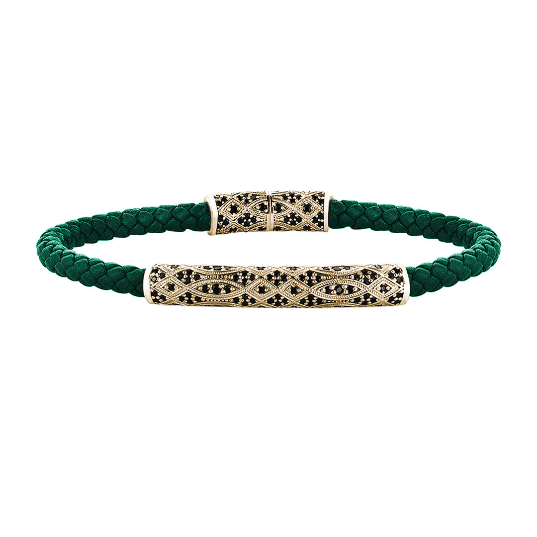 Streamline Premium Dark GreenLeather Bracelet - Yellow Gold