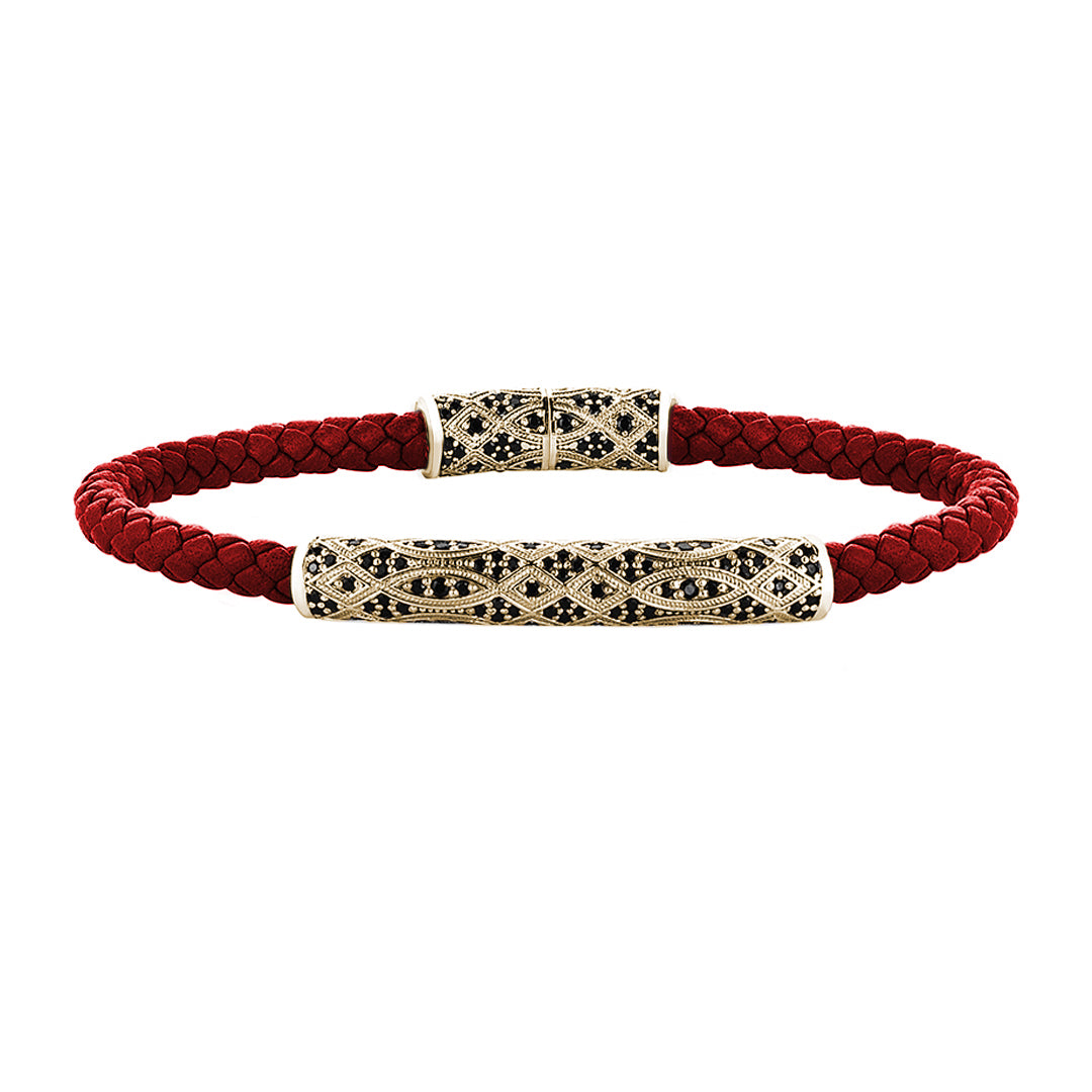 Streamline Premium Dark Red Leather Bracelet - Yellow Gold