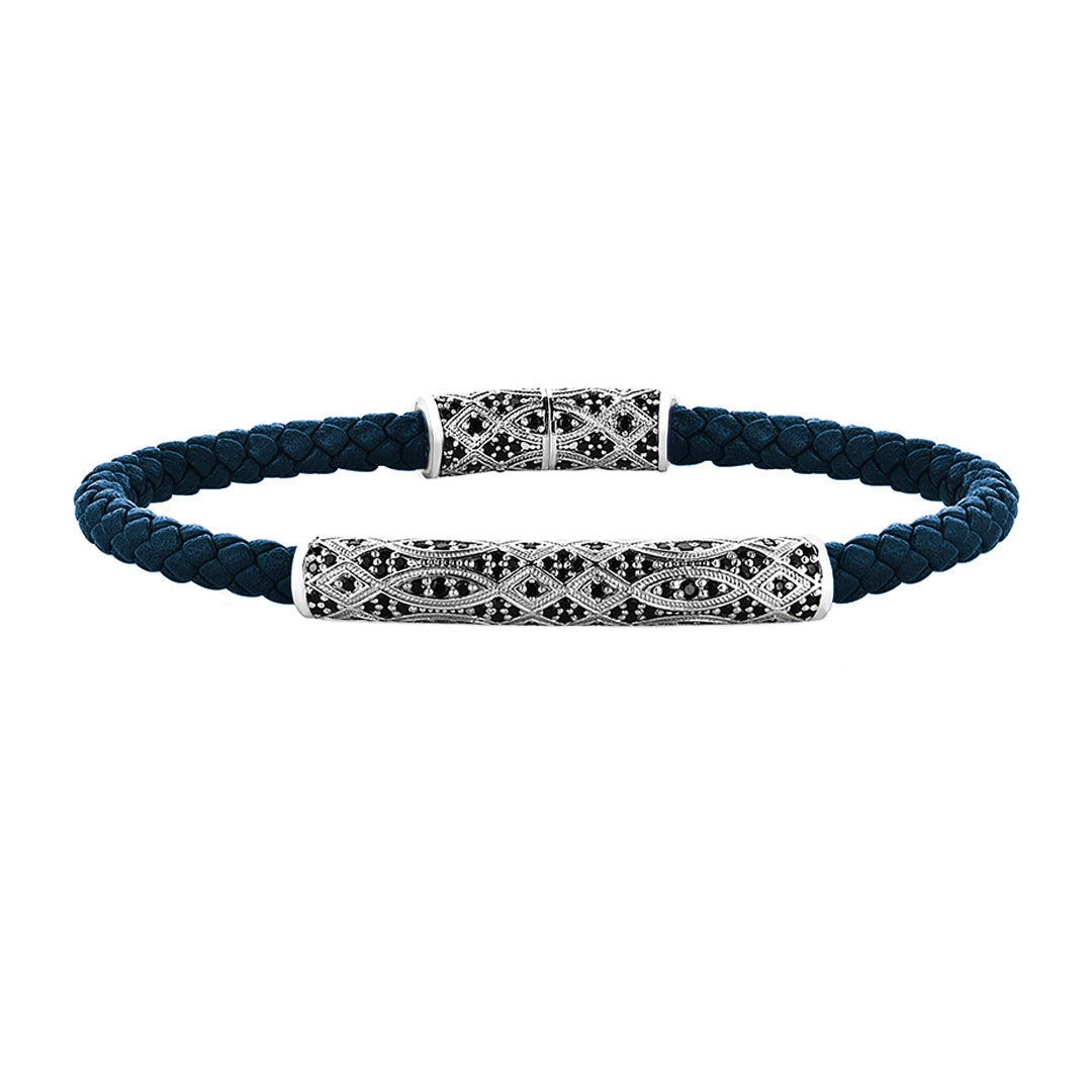 Streamline Premium Navy Leather Bracelet - Silver