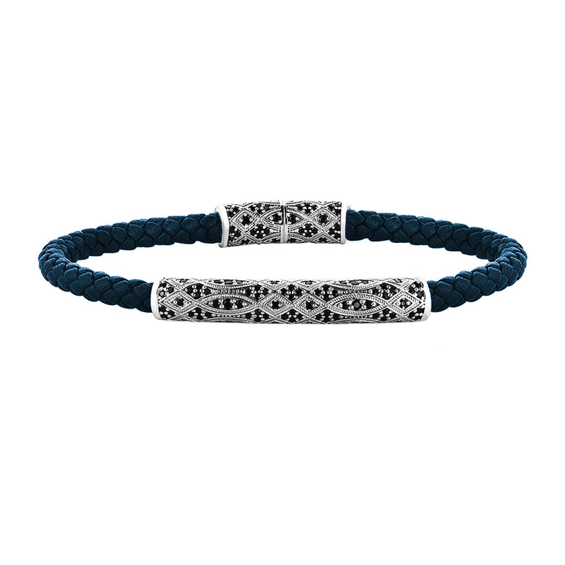 Streamline Premium Navy Leather Bracelet - Silver