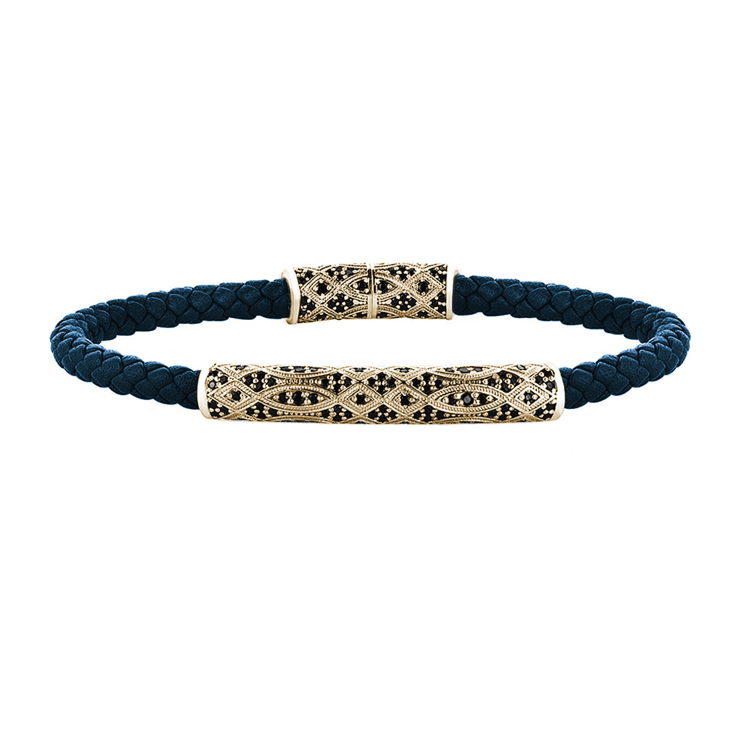 Streamline Premium Navy Leather Bracelet - Yellow Gold