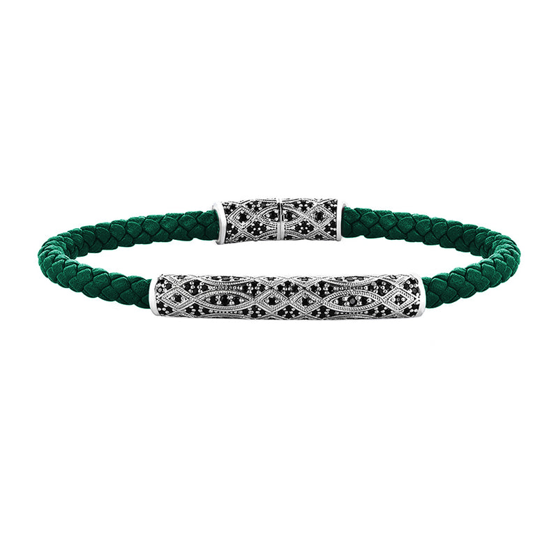 Streamline Premium Dark Green Leather Bracelet - Silver
