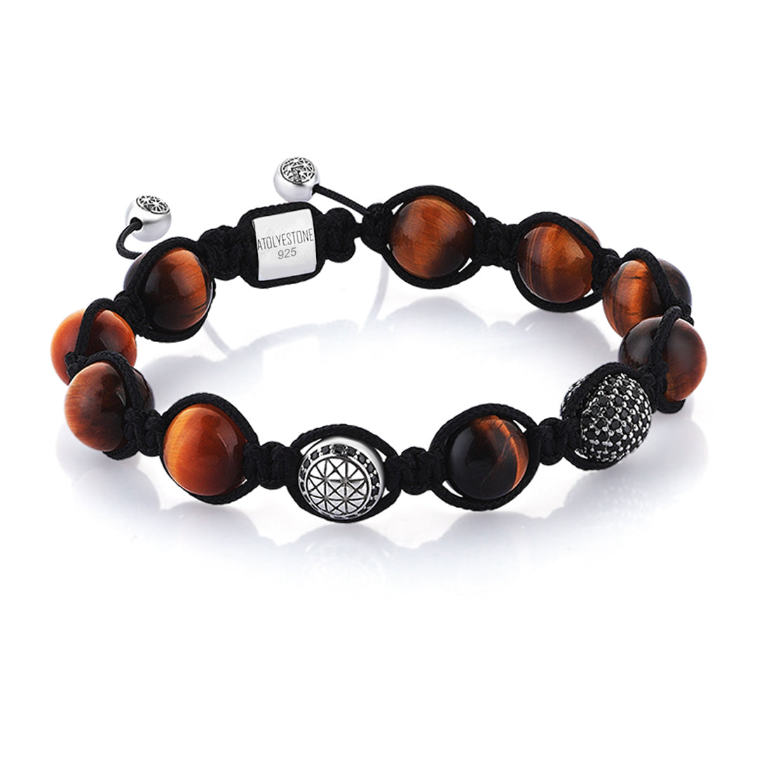 Tiger Eye Beaded Macrame Bracelet - Solid Silver