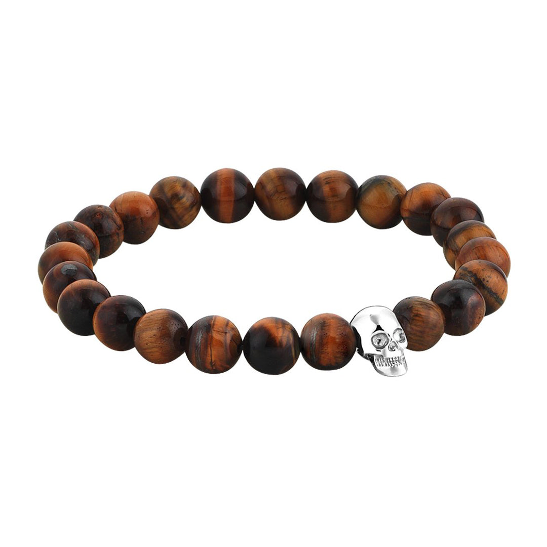 Mens Exclusive Skull Beaded Bracelet - White Gold - Tiger Eye