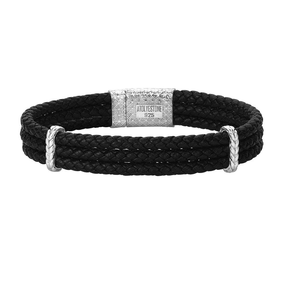 Men's Element Triple Black Nappa Leather Bracelet in Silver