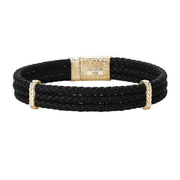 Men's Elements Triple Black Nappa Leather Bracelet in Yellow Gold Vermeil Silver