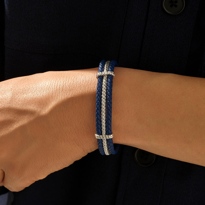 Men's Triple Row Blue Leather Bracelet with Silver Row