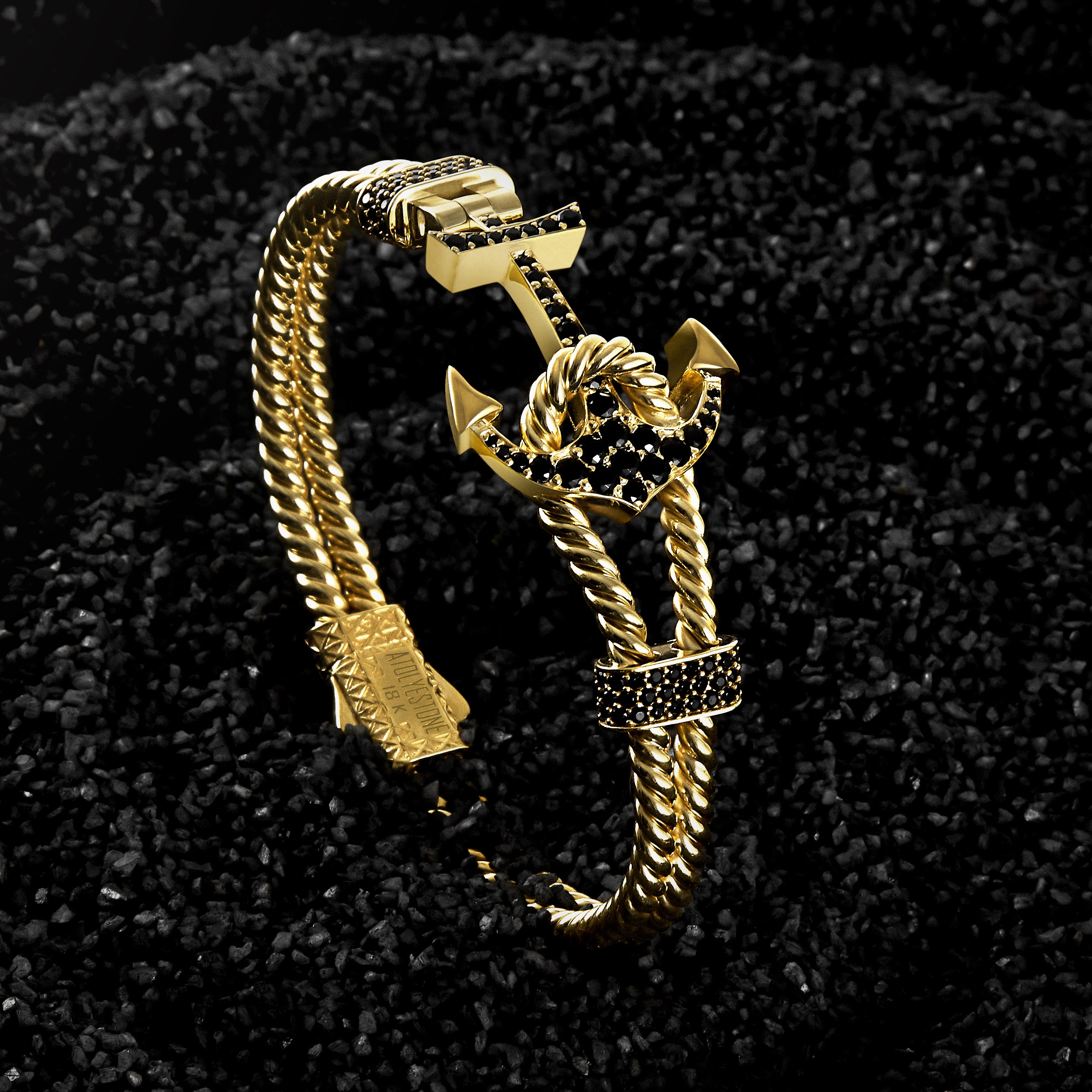 Men's Twined Solid Gold Anchor Bangle with CZ Diamonds - Atolyestone