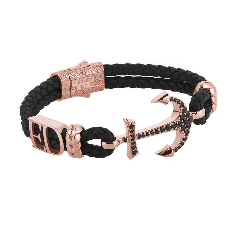 Women’s Statements Anchor Leather Bracelet - Rose Gold - Black Leather