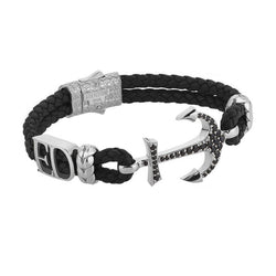 Women’s Statements Anchor Leather Bracelet - Silver - Black Leather