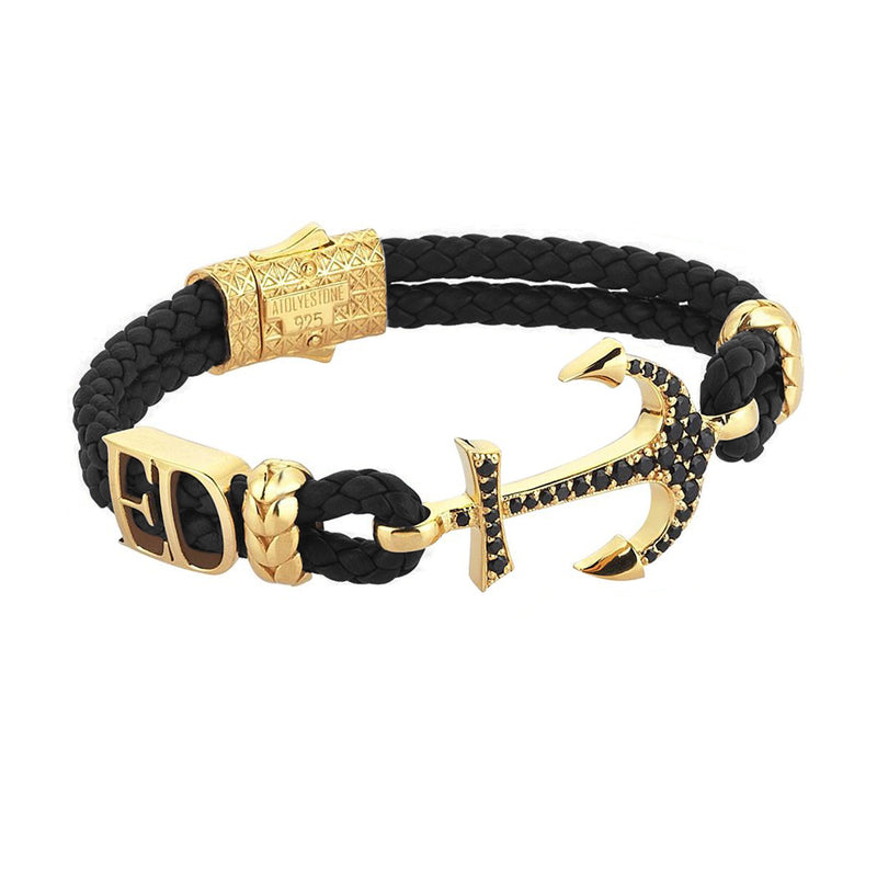 Women’s Statements Anchor Leather Bracelet - Yellow Gold - Black Leather