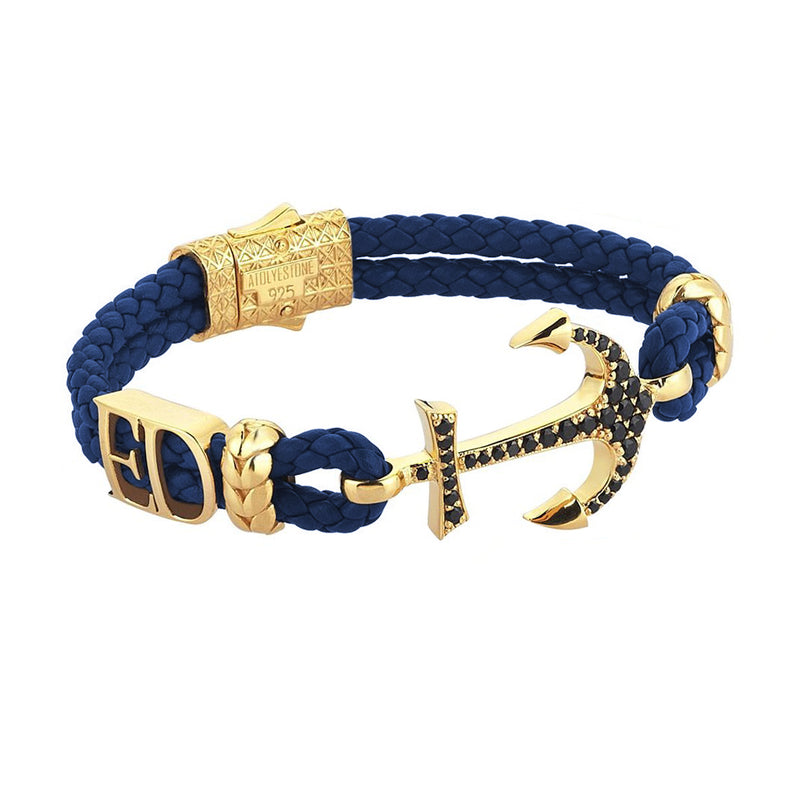 Women’s Statements Anchor Leather Bracelet - Yellow Gold - Blue Leather