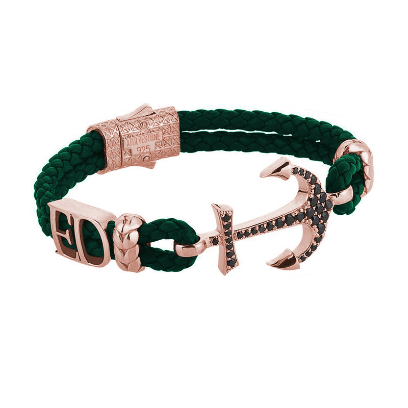 Women’s Statements Anchor Leather Bracelet - Rose Gold - Dark Green Leather