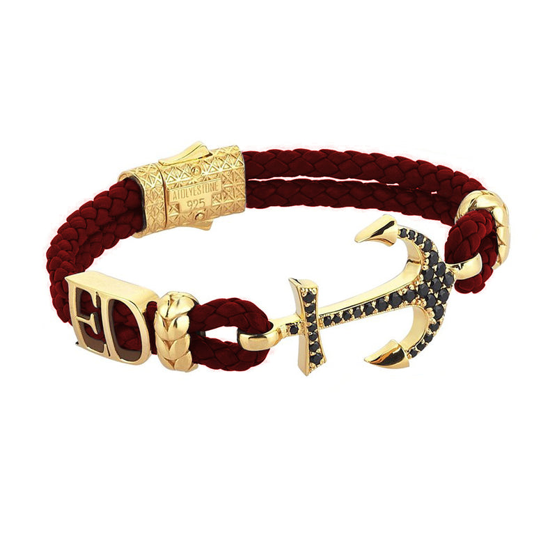 Women’s Statements Anchor Leather Bracelet - Yellow Gold - Dark Red Leather