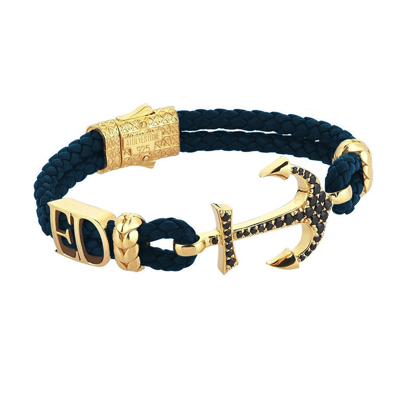 Women’s Statements Anchor Leather Bracelet - Yellow Gold - Navy Leather
