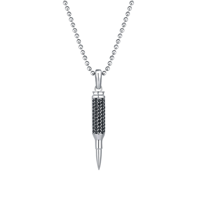 Men's 925 Solid Silver Bullet Pendant Paved with Black Diamonds