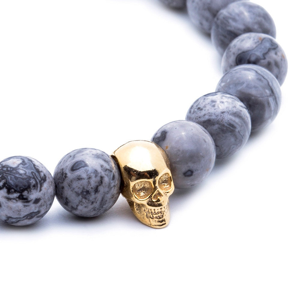 Skull Beaded Bracelet - Yellow Gold - Grey Jasper