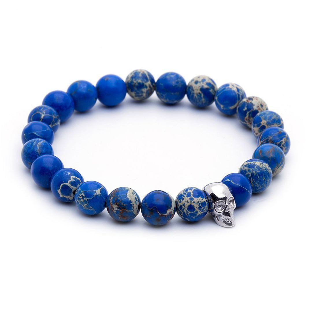 Skull Beaded Bracelet - White Gold - Blue Jasper