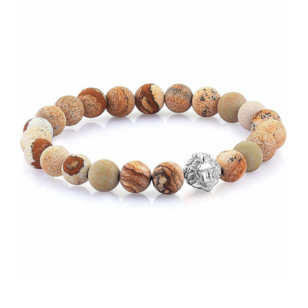 Mens Leo Jasper Beaded Bracelets - Silver - Brown Jasper