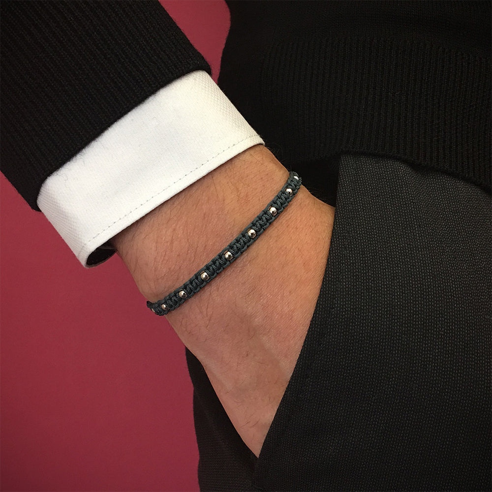 ATOLYESTONE-LONDON-シルバーブレス Men's Iconic Leather Bracelet Wowen in Silver - Atolyestone