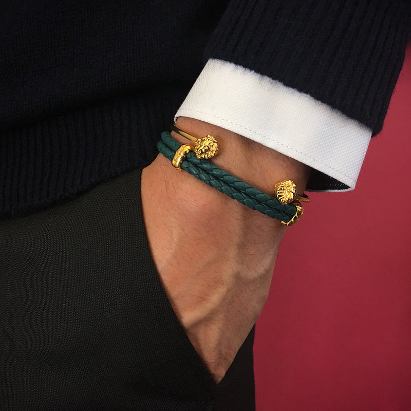 Bottega Veneta Braided Leather And Gold-plated Bracelet In Green