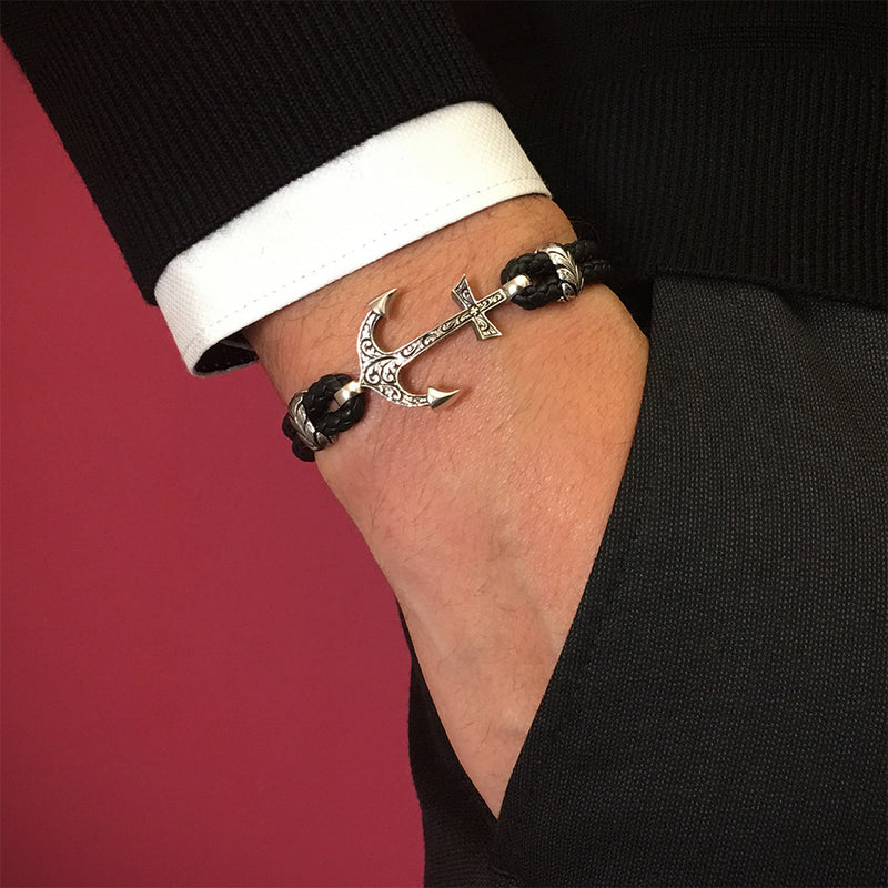 Mens Classic Anchor Leather Bracelet - Black Leather - Solid White Gold