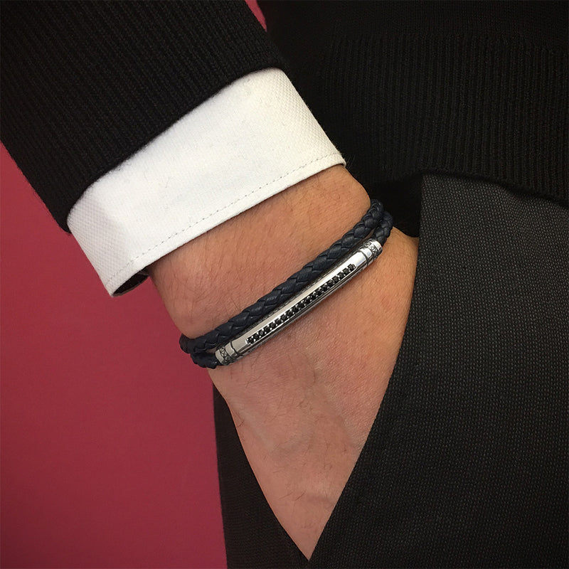 Mens Signature Leather Wrap Bracelet - Solid Silver - Navy Leather
