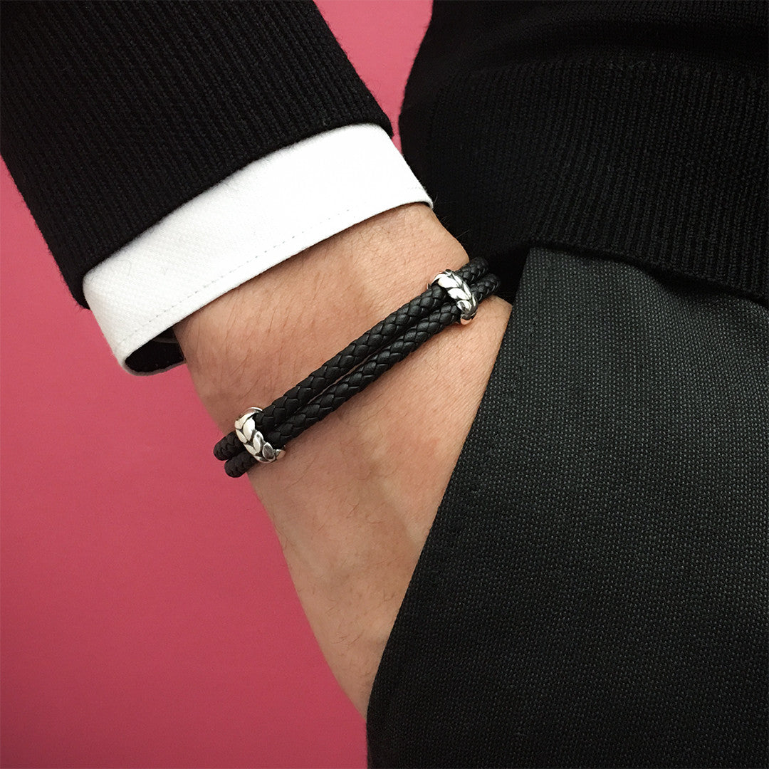 18kt Gold Black leather bracelet for men