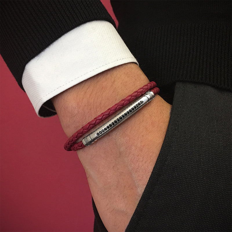 Mens Signature Leather Wrap Bracelet - Solid Silver - Dark Red Leather