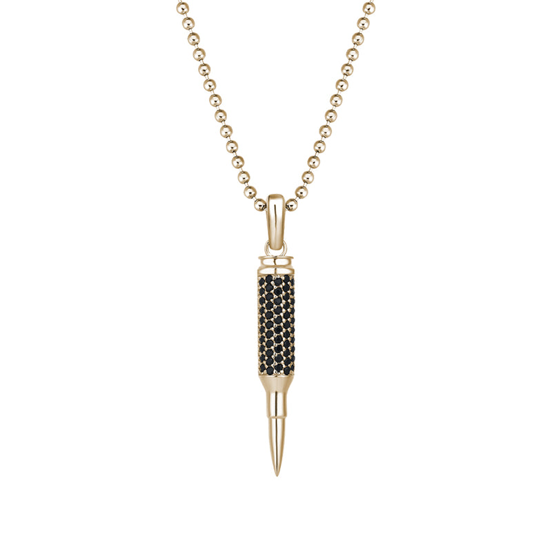 Men's Solid Yellow Gold Bullet Pendant Paved with Black CZ
