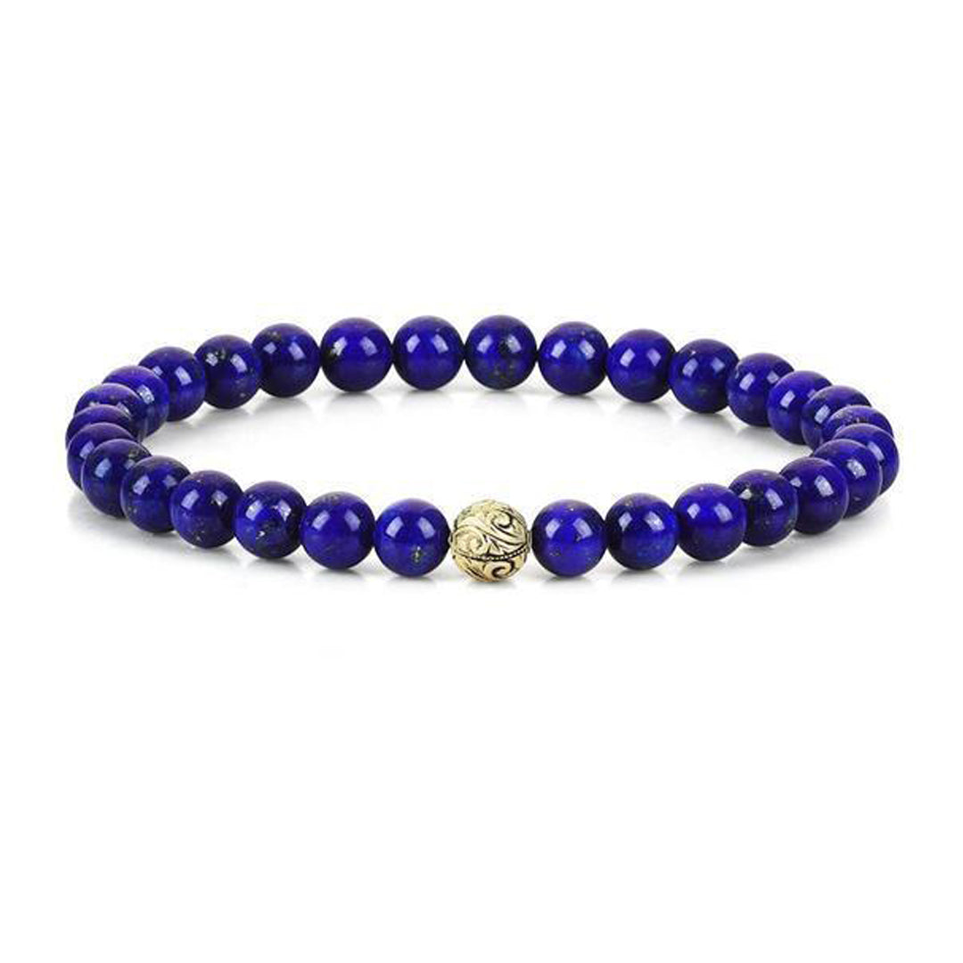 Mens Classic Beaded Bracelet - Yellow Gold - Lapis Lazuli