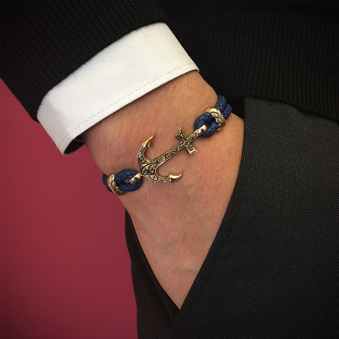Mens Classic Anchor Leather Bracelet - Navy Leather - Solid Yellow Gold