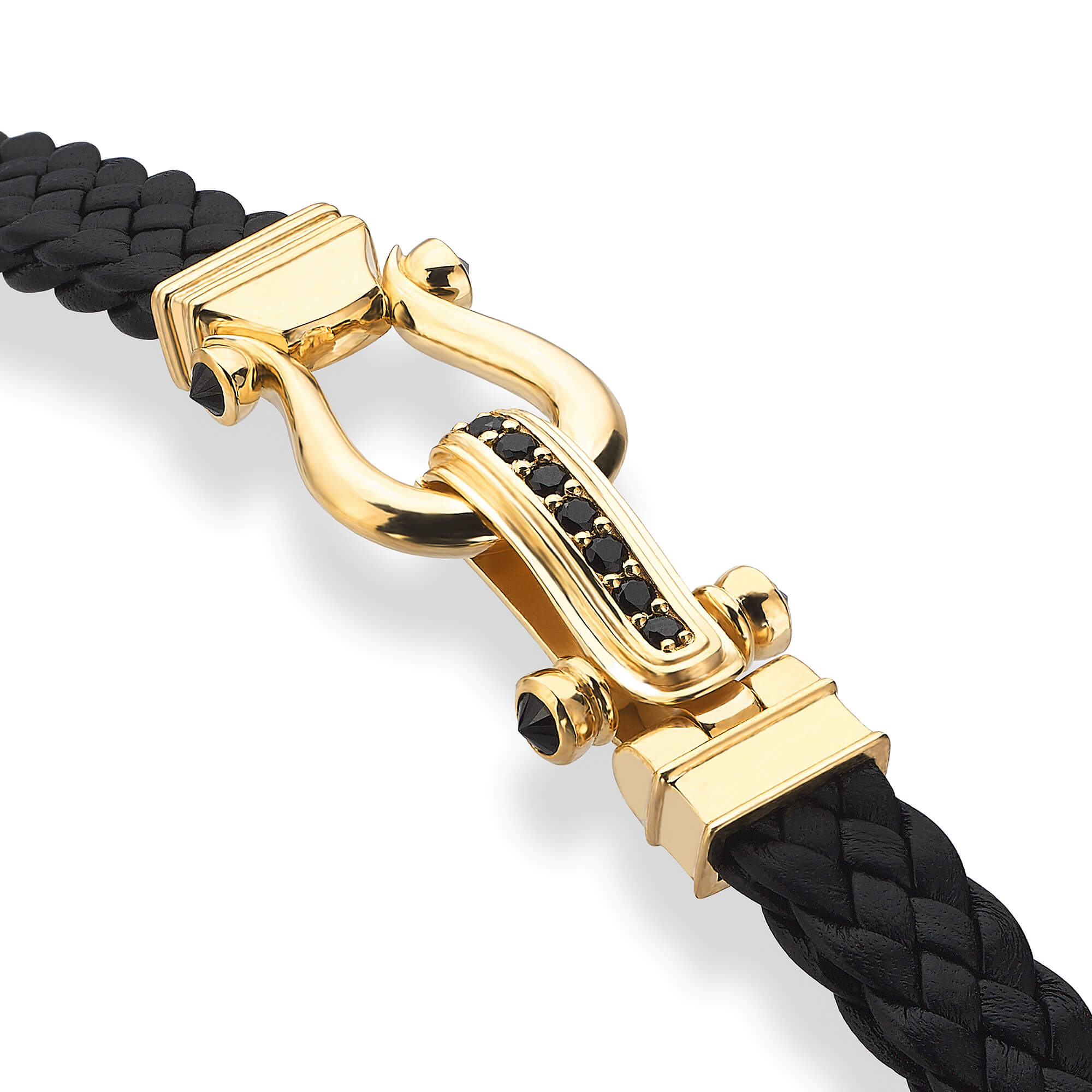 Atolyestone Iconic Men's Design Leather Bracelet in Silver - Black Nappa Leather - Yellow Gold