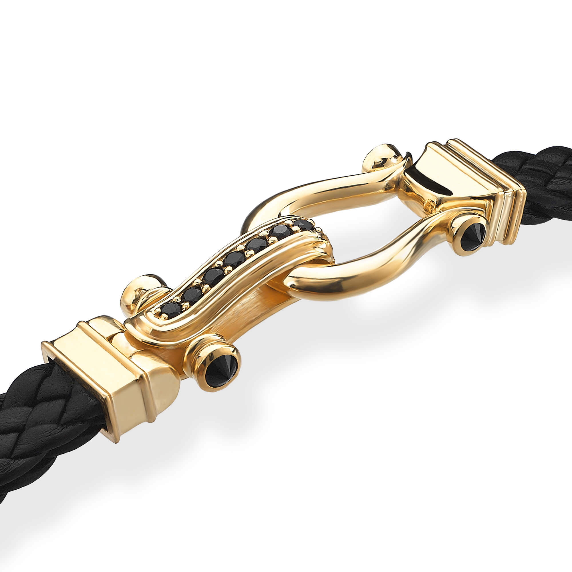 Men's Atolyestone Iconic Design Leather Bracelet in Silver - Black Nappa Leather - Yellow Gold