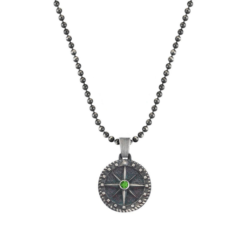 Mens Silver Compass Necklace with Emerald