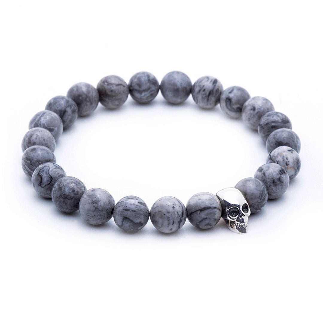 Skull Beaded Bracelet - Silver - Grey Jasper