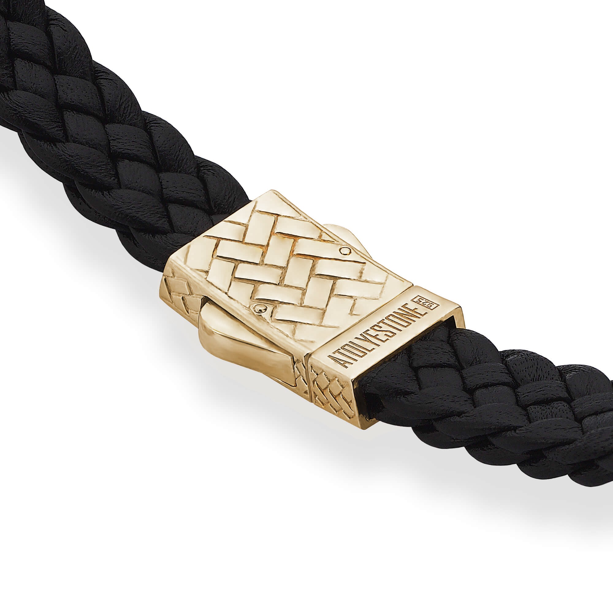 Atolyestone Iconic Leather Bracelet in Silver - Black Nappa Leather - Yellow Gold - Clasp