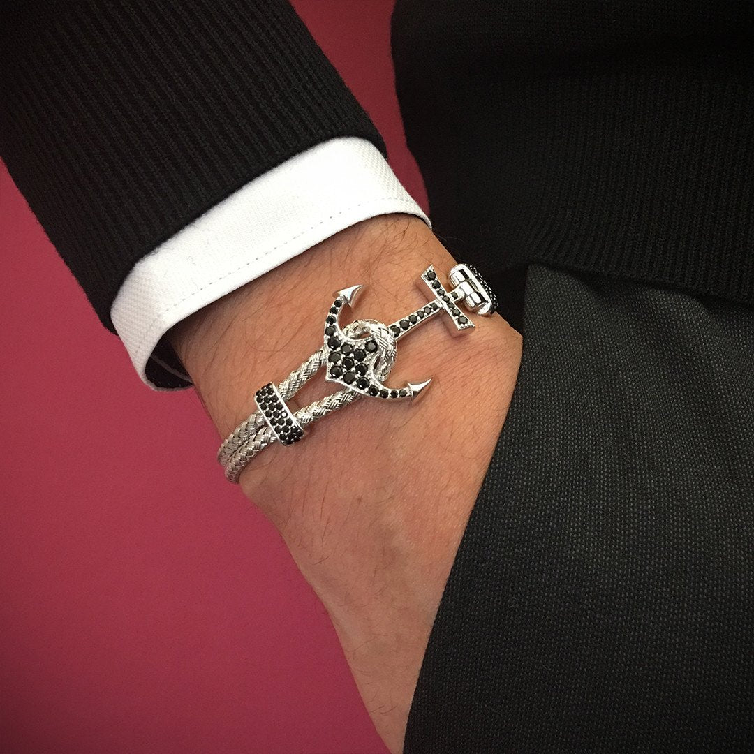 Men's Silver Anchor Bracelet Paved with Cubic Zirconia - Atolyestone