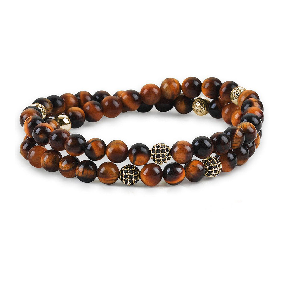 Mens Wrap Beaded Bracelets - Tiger Eye - Yellow Gold